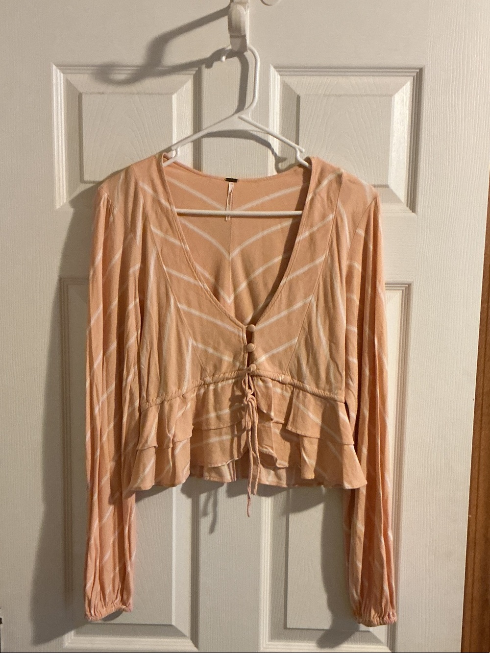 Free People Peach Stripe Ruffle Button-Front Crop Top